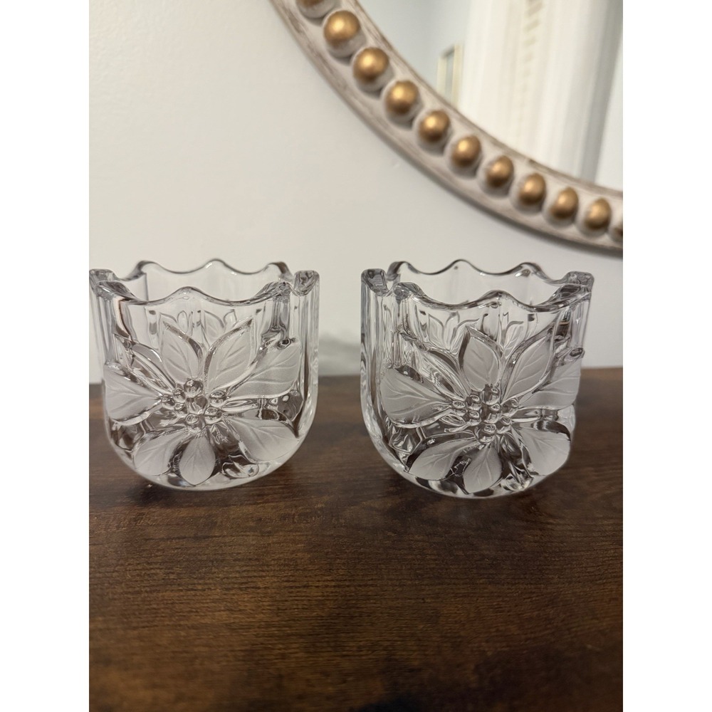 Mikasa‎ Festive Poinsettia Crystal Votive Candle Holders Set of 2 Christmas